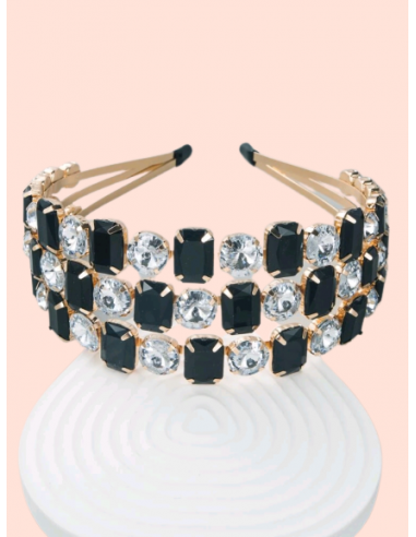 GRAN TIARA "TRIPLE" CON BRILLANTES DE LUJO (STRASS) PLATEADOS Y NEGROS